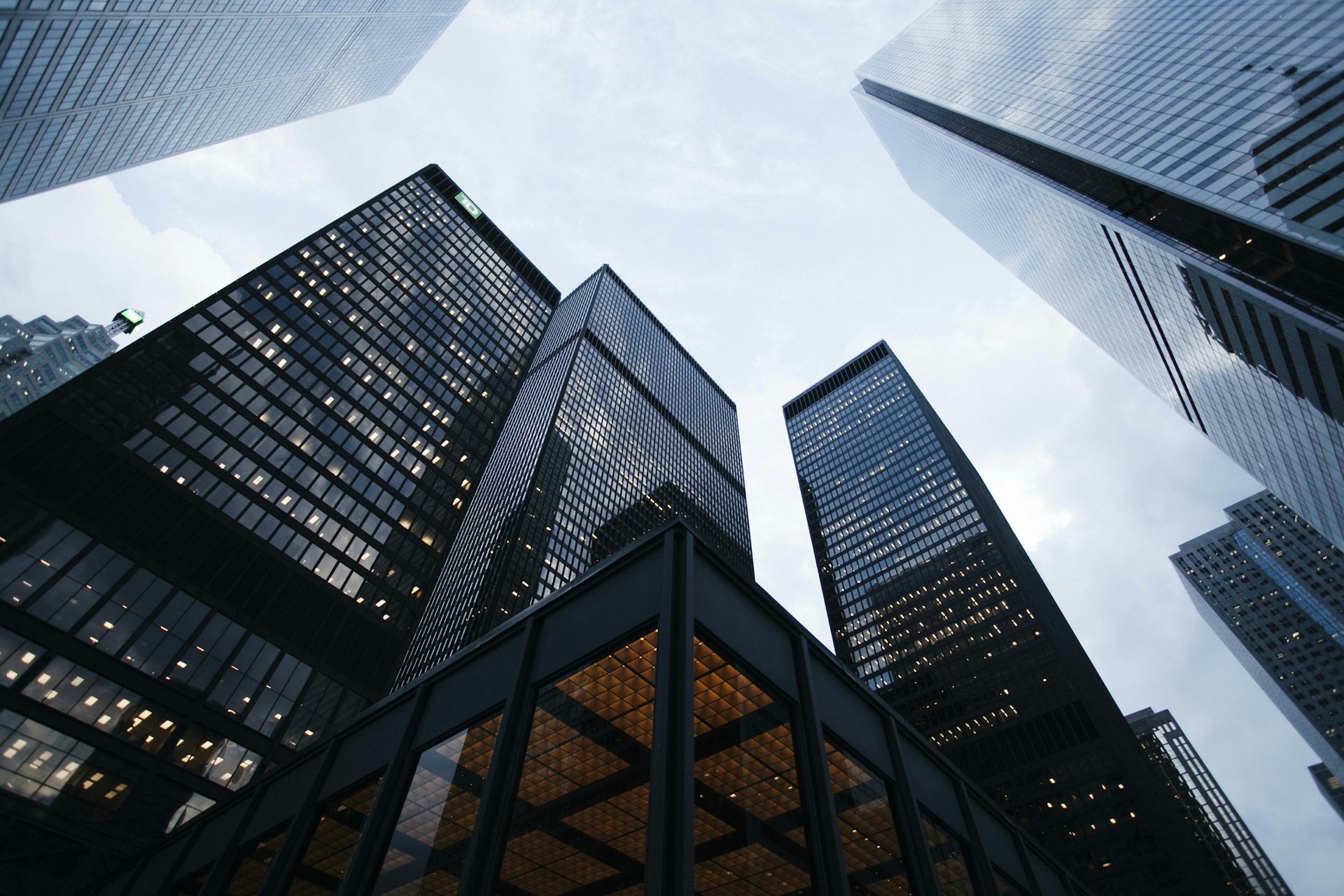 Looking up at glass office towers